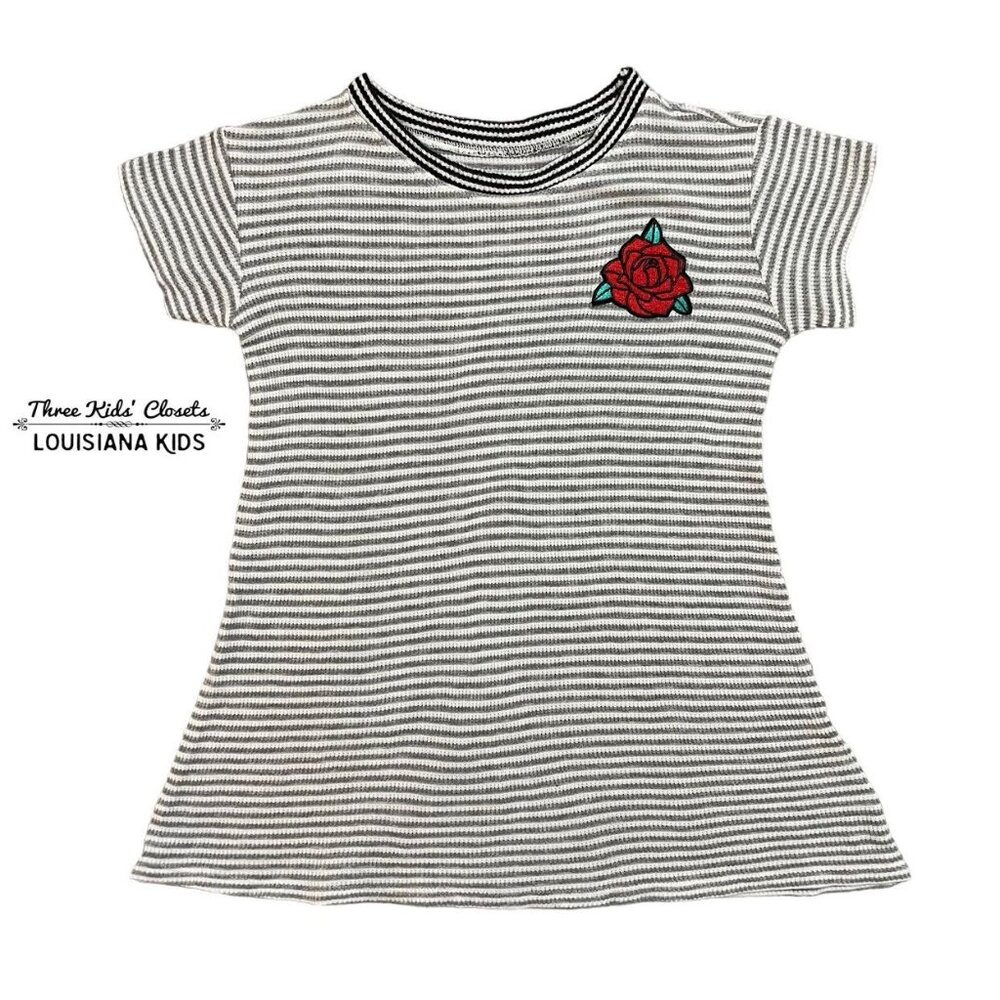 Tiny Whales Sz 6 Grey Striped Rose Patch Tunic Top